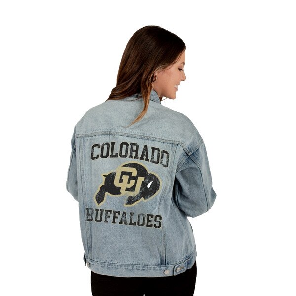 A blue denim Gameday Social women's jacket with C.U buffalo logo and "Colorado Buffaloes" on the back.